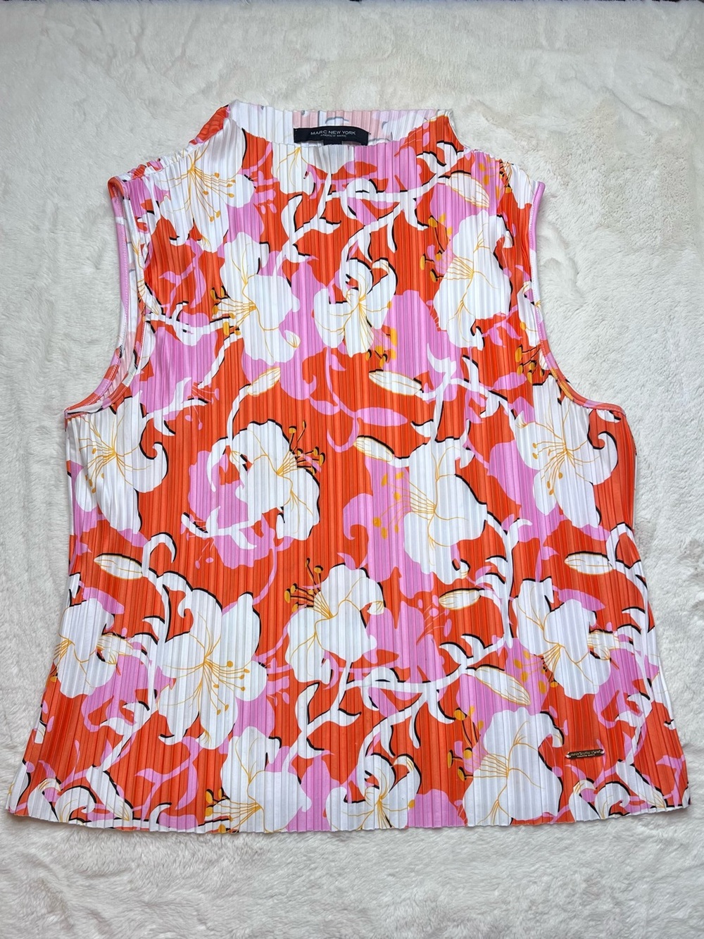 Marc New York Pleated Floral Sleeveless Top Pink Orange White Size Large - Picture 2 of 7